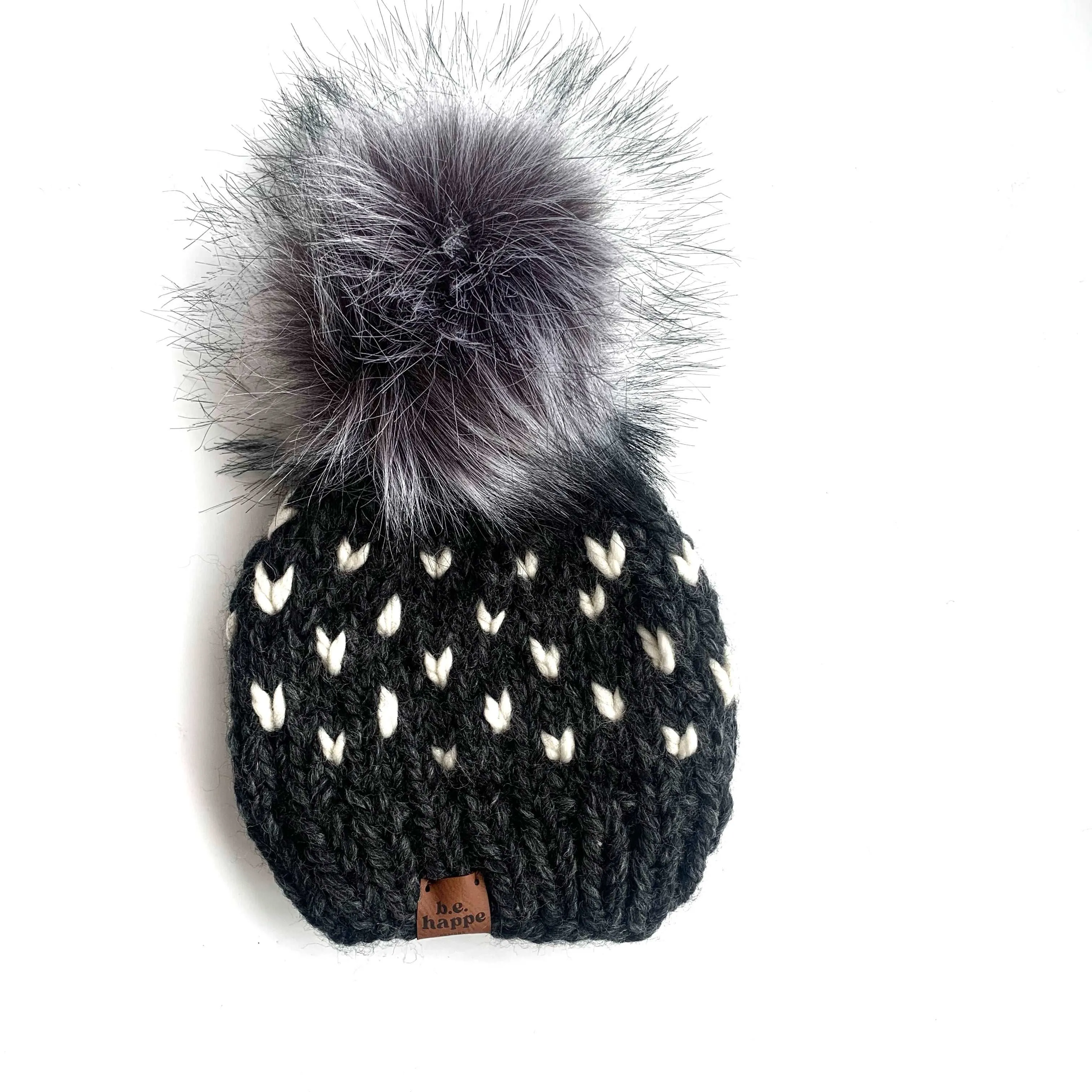 6-12 month Baby Knit Hearts Pom Hat | Charcoal Gray   Off White