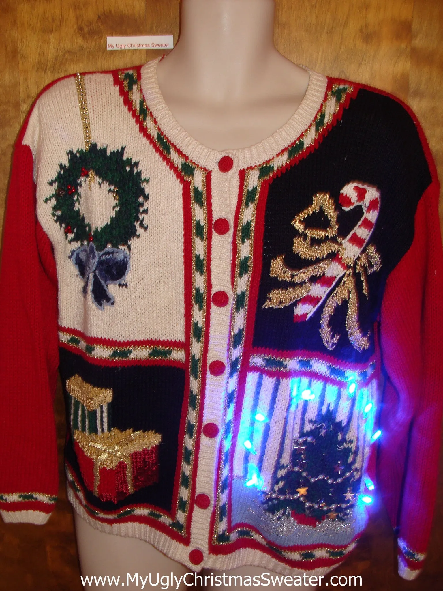 80s Cardigan with Candycane Light Up Ugly Xmas Sweater