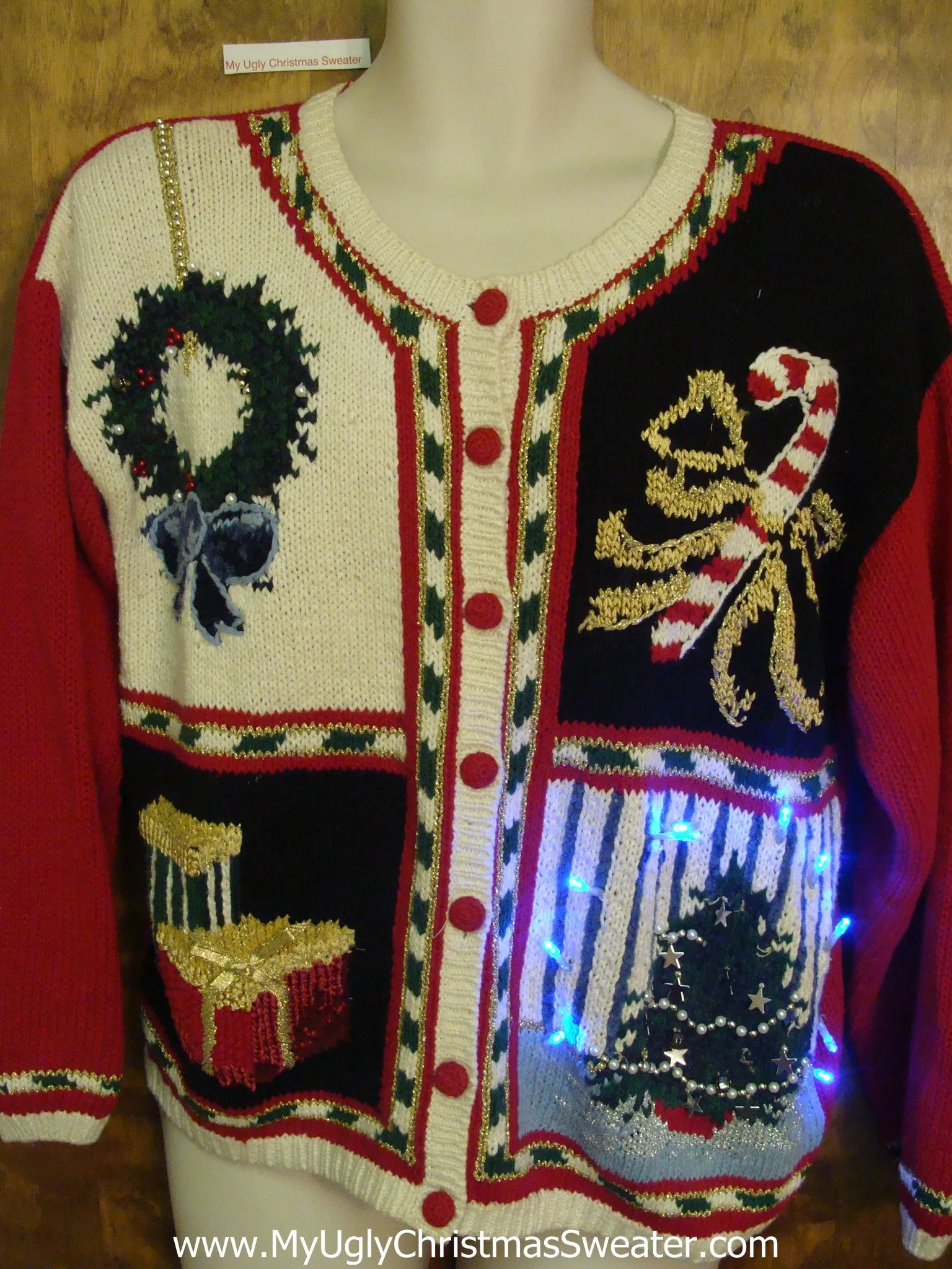 80s Cardigan with Candycane Light Up Ugly Xmas Sweater