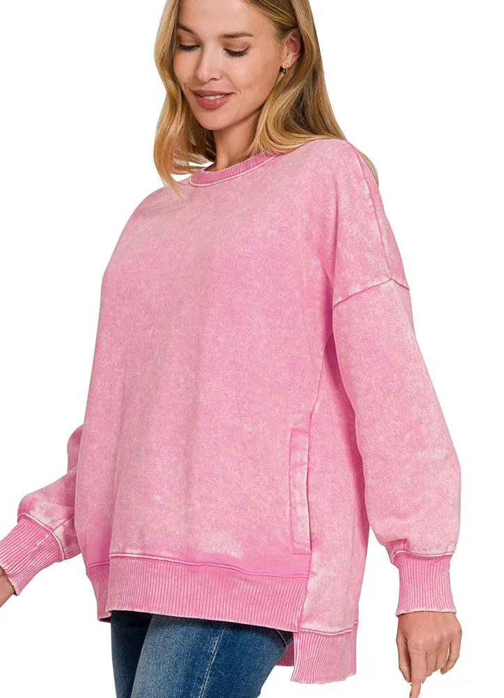 Acid Wash Fleece Hi Low Pullover in Candy Pink by Zenana