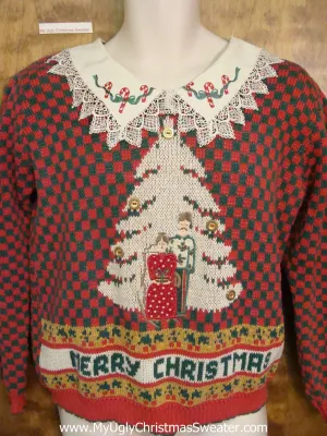 Amazing 80s Ugly Christmas Sweater with Lace Collar