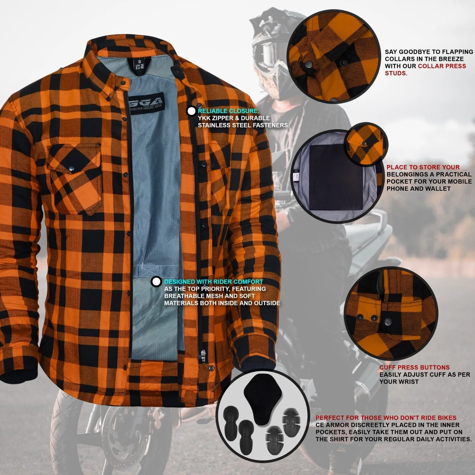 BGA Flow Protective Motorcycle Flannel Shirts Orange/Black