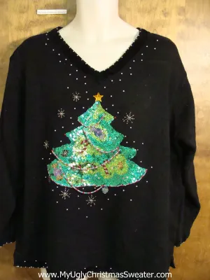 Black Novelty Funny Christmas Sweater with Green Bling Tree