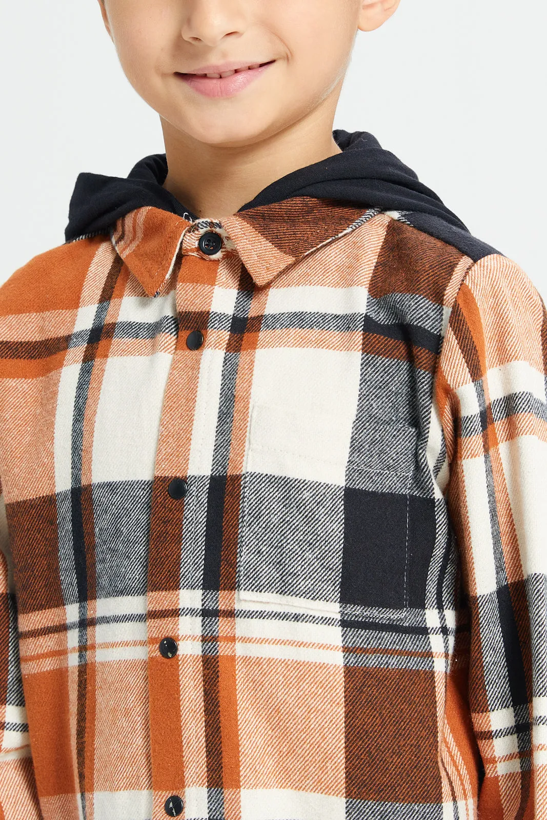 Boys Rust Checkered Shirt With Detachable Hooded