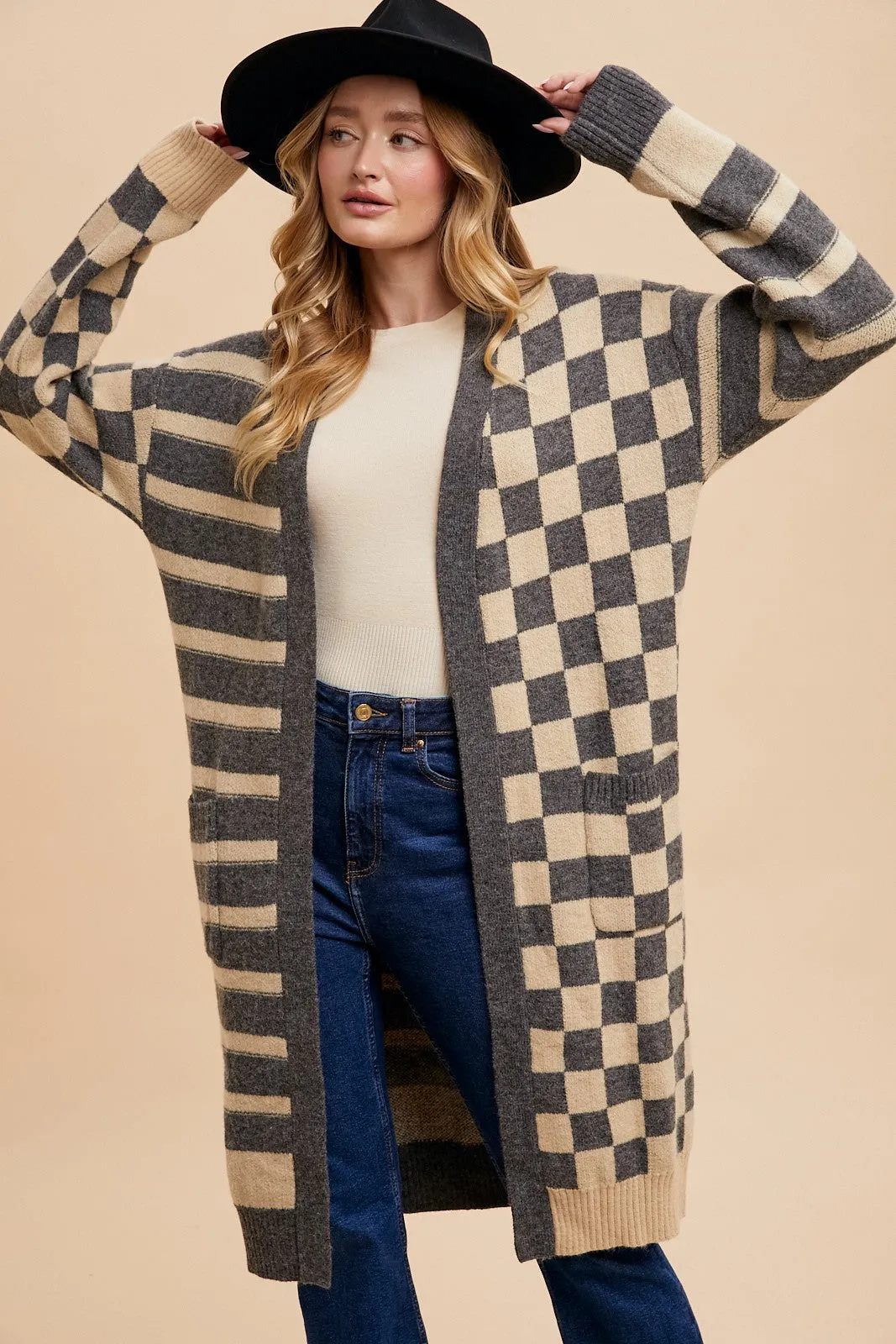 Charlize Checkerboard Midi Long Cardigan