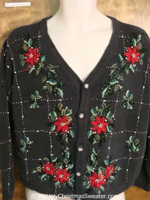 Cheap Horrible Black and Red Ugly Christmas Sweater with Poinsettias