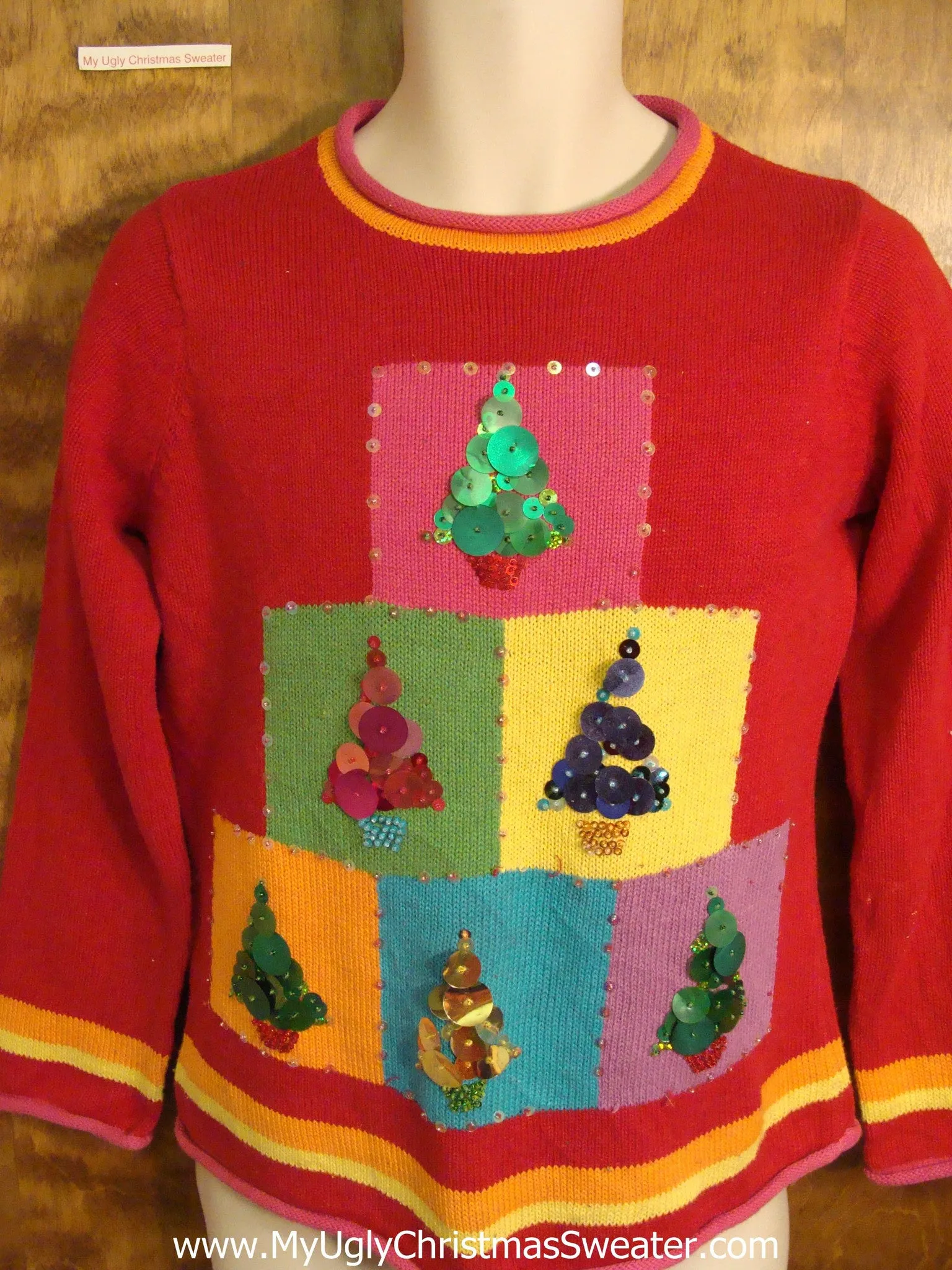 Colorful blocks with Bling Trees Ugly Christmas Sweater