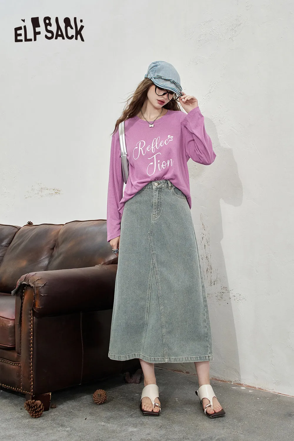 ELFSACK 2024 Summer New Arrivals High waisted denim midi skirt for women's casual mid length skirt