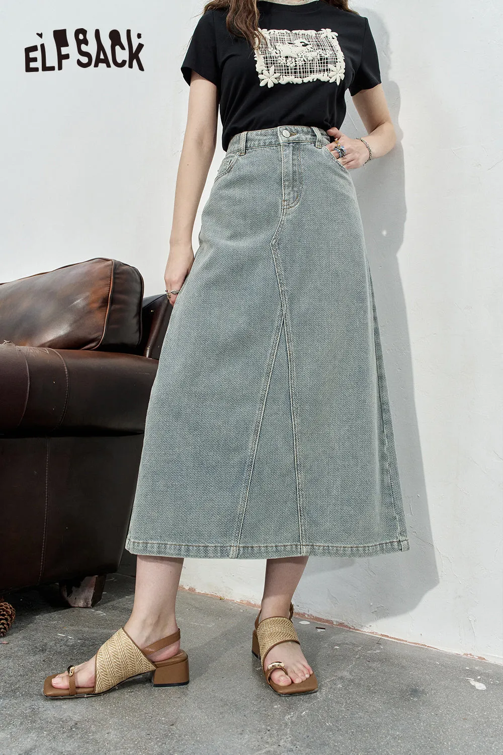 ELFSACK 2024 Summer New Arrivals High waisted denim midi skirt for women's casual mid length skirt