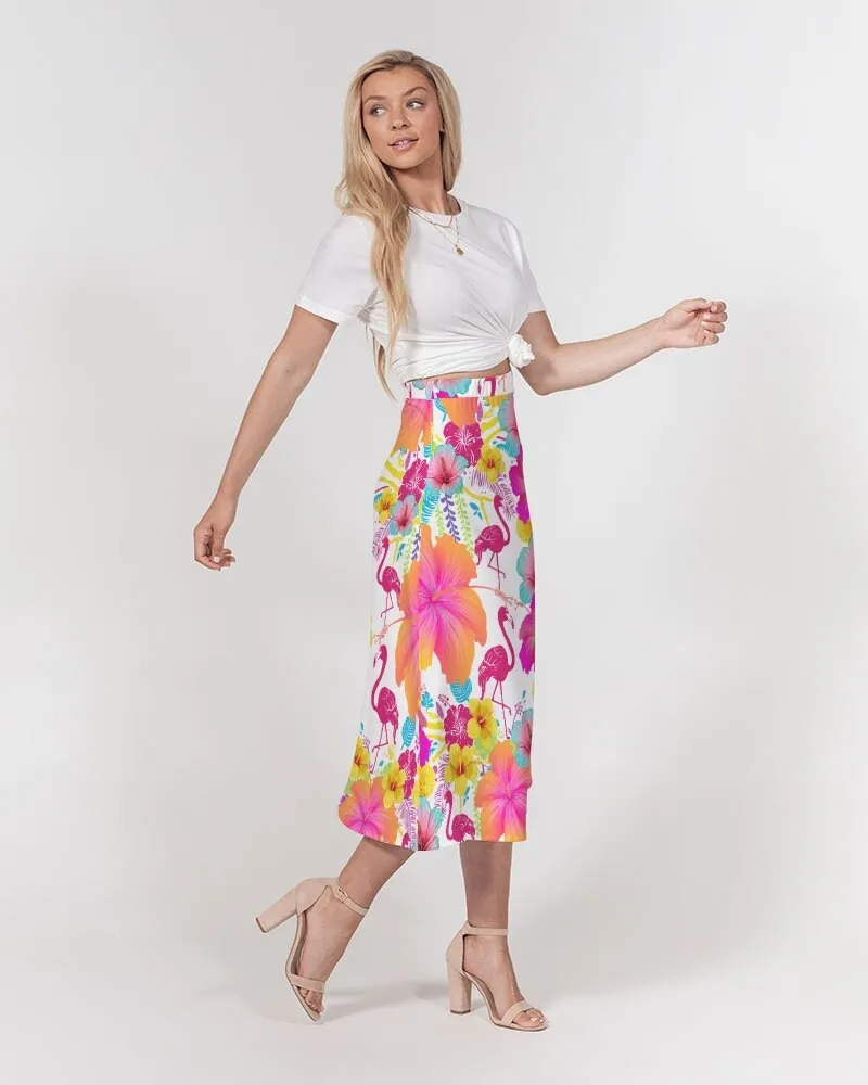 Flamingos Hibiscus Floral Women’s A Line Midi Skirt