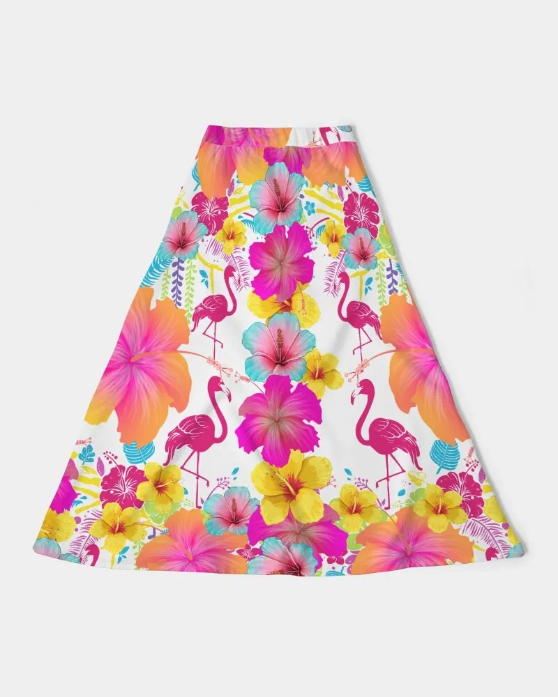 Flamingos Hibiscus Floral Women’s A Line Midi Skirt