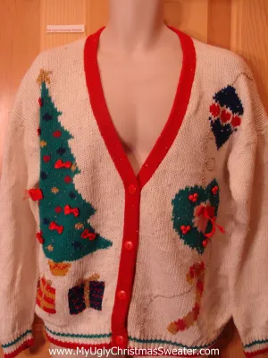 Funny Ugly Christmas Sweater 80s Cardigan with Tree