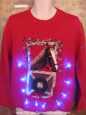 Happy Festive Horse Light Up Ugly Xmas Sweater