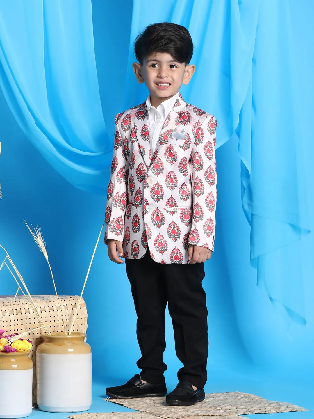 Jashvi Boy's Cream Base Multi-Color Printed Blazer