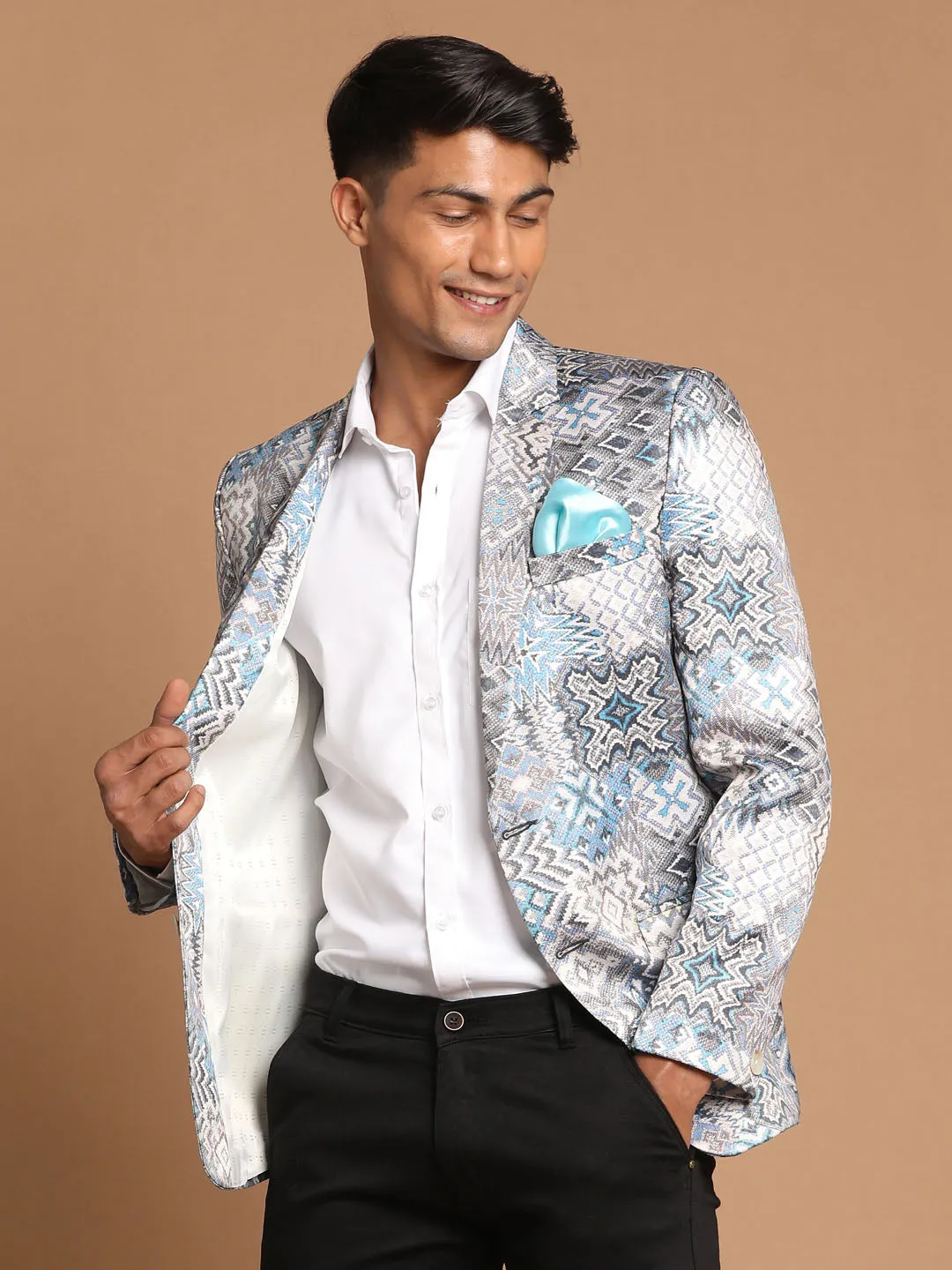 Jashvi Men's Gray Multi-Color Printed  Silk Blend Blazer