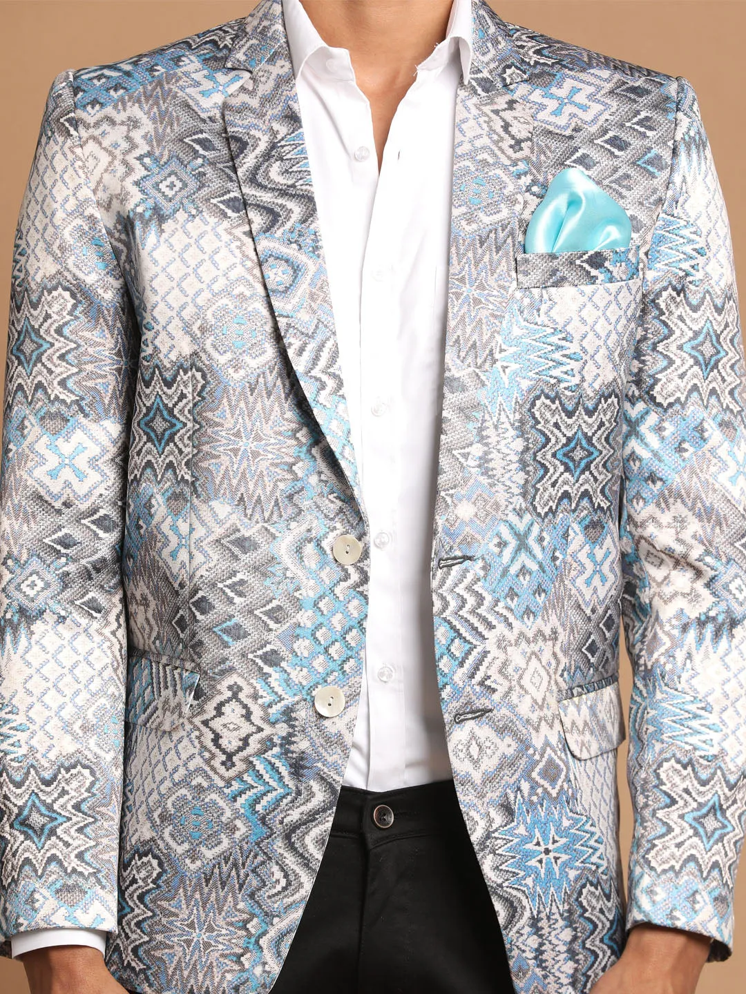 Jashvi Men's Gray Multi-Color Printed  Silk Blend Blazer