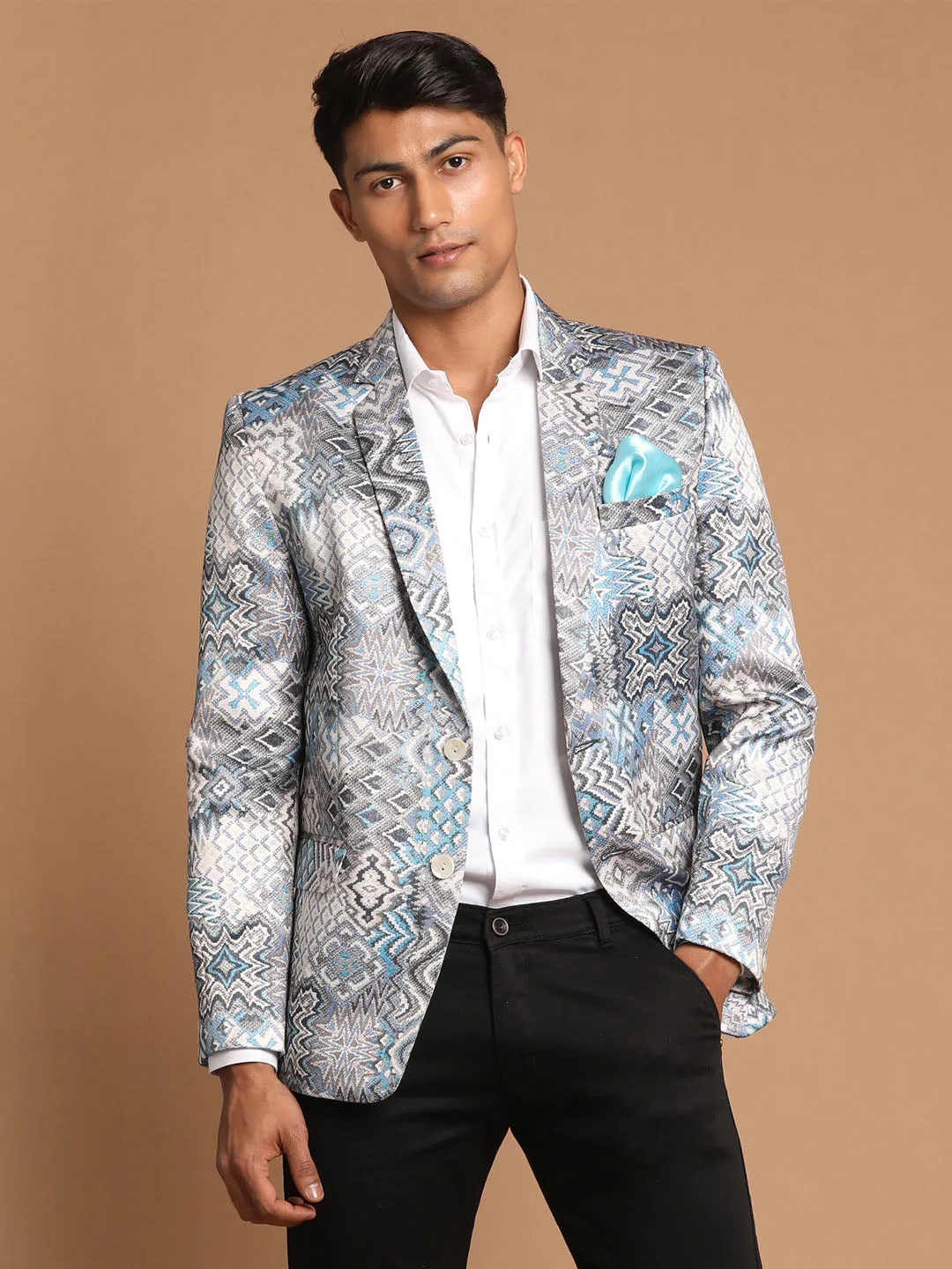 Jashvi Men's Gray Multi-Color Printed  Silk Blend Blazer