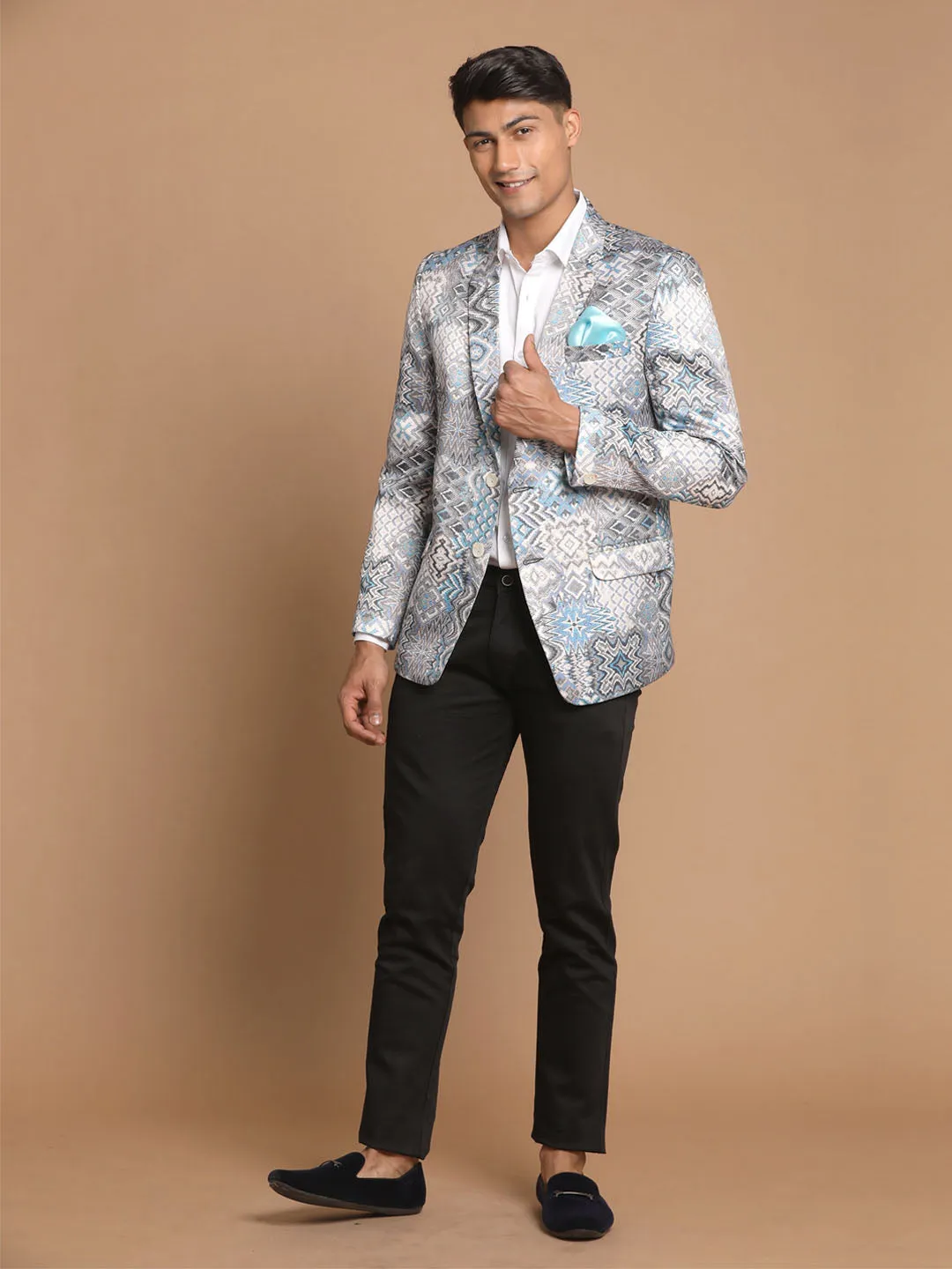 Jashvi Men's Gray Multi-Color Printed  Silk Blend Blazer