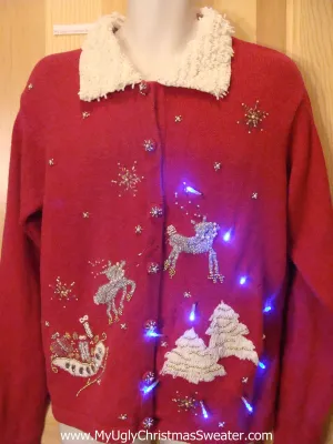 Light Up Red Ugly Xmas Sweater Bling Reindeer and Furry Collar