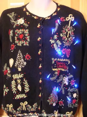 Light Up Ugly Xmas Sweater Greenery Plant Theme with Padded Shoulders