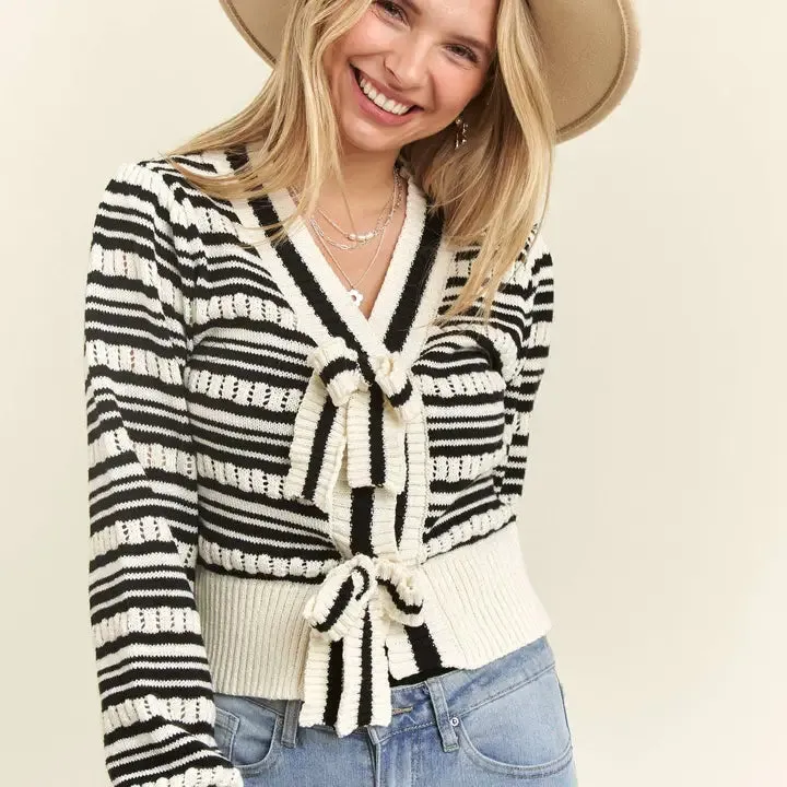 Meredith Striped Bow Cardigan