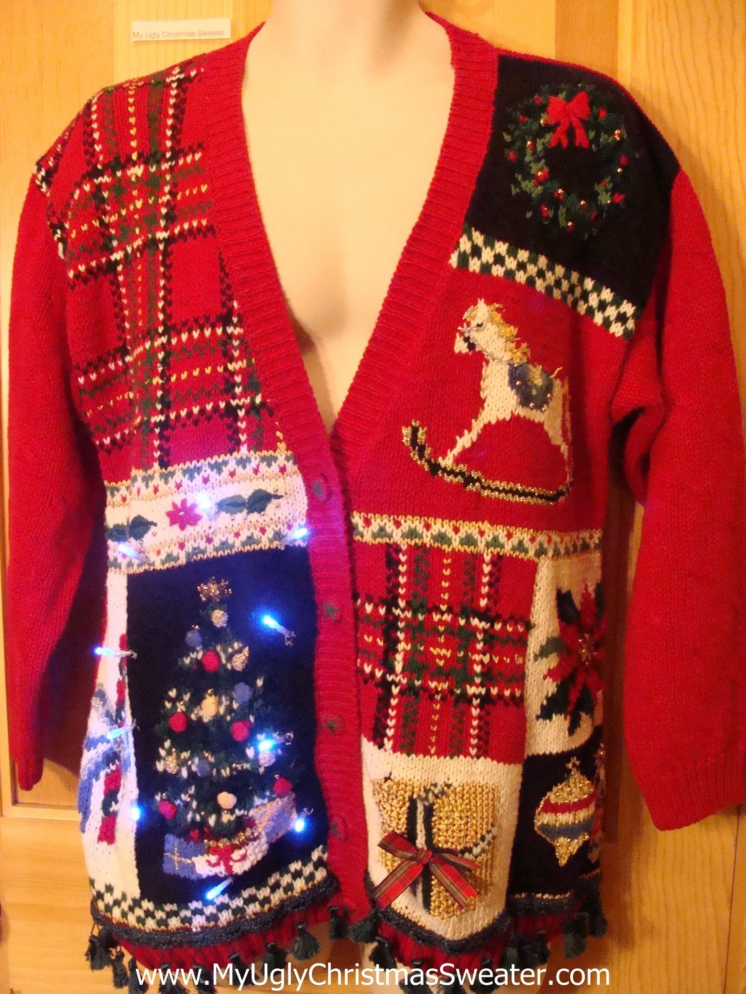 Plaid Themed Light Up Christmas Sweater with Horse