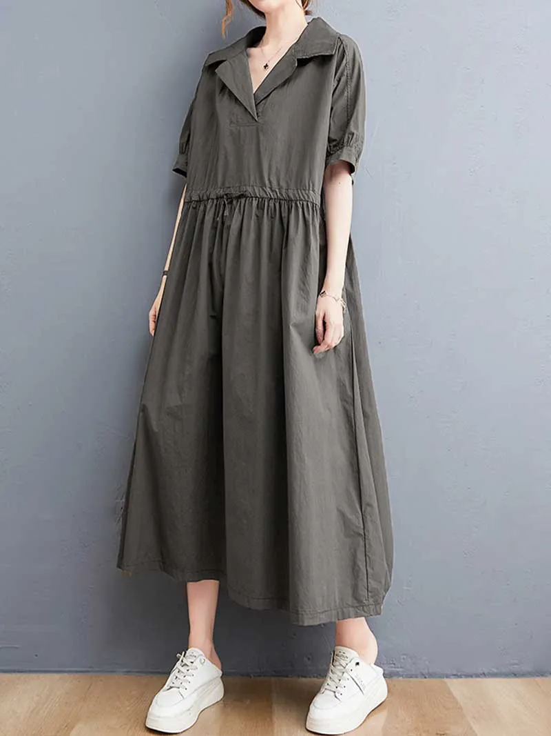 Plain Cotton Short Sleeve A-Line Dress