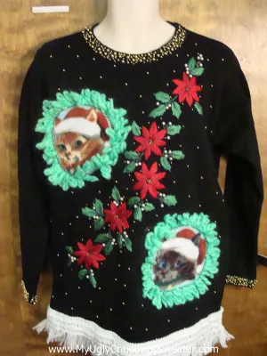 Poinsettias with Kittens Ugly Christmas Sweater