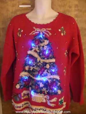 Red 80s Tree Themed Light Up Ugly Xmas Sweater