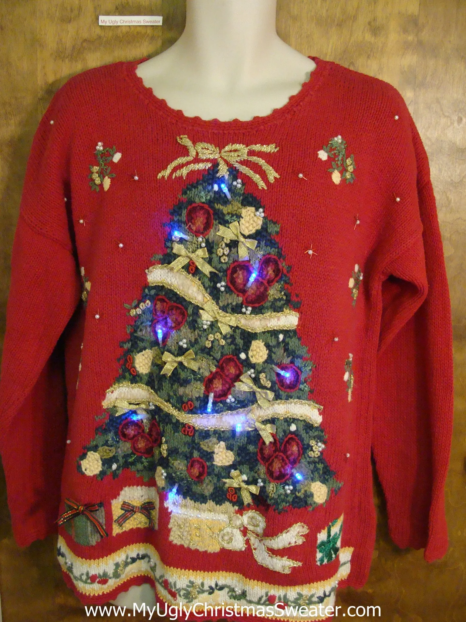 Red 80s Tree Themed Light Up Ugly Xmas Sweater