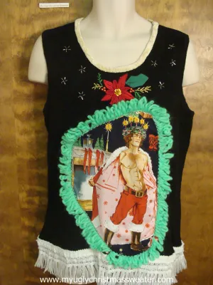 Red Poinsettias Funny Ugly Sweater with Naughty Hottie Guy