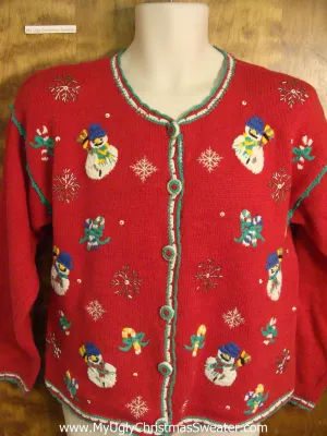 Red Ugly Christmas Sweater with Snowmen and Candycanes