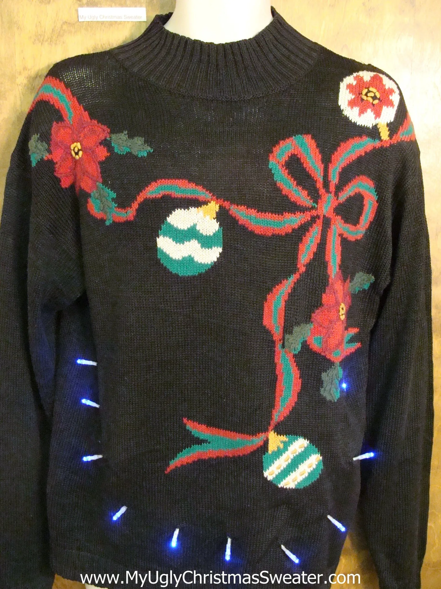 REtro 80s Bows and Ornaments Light Up Ugly Xmas Sweater