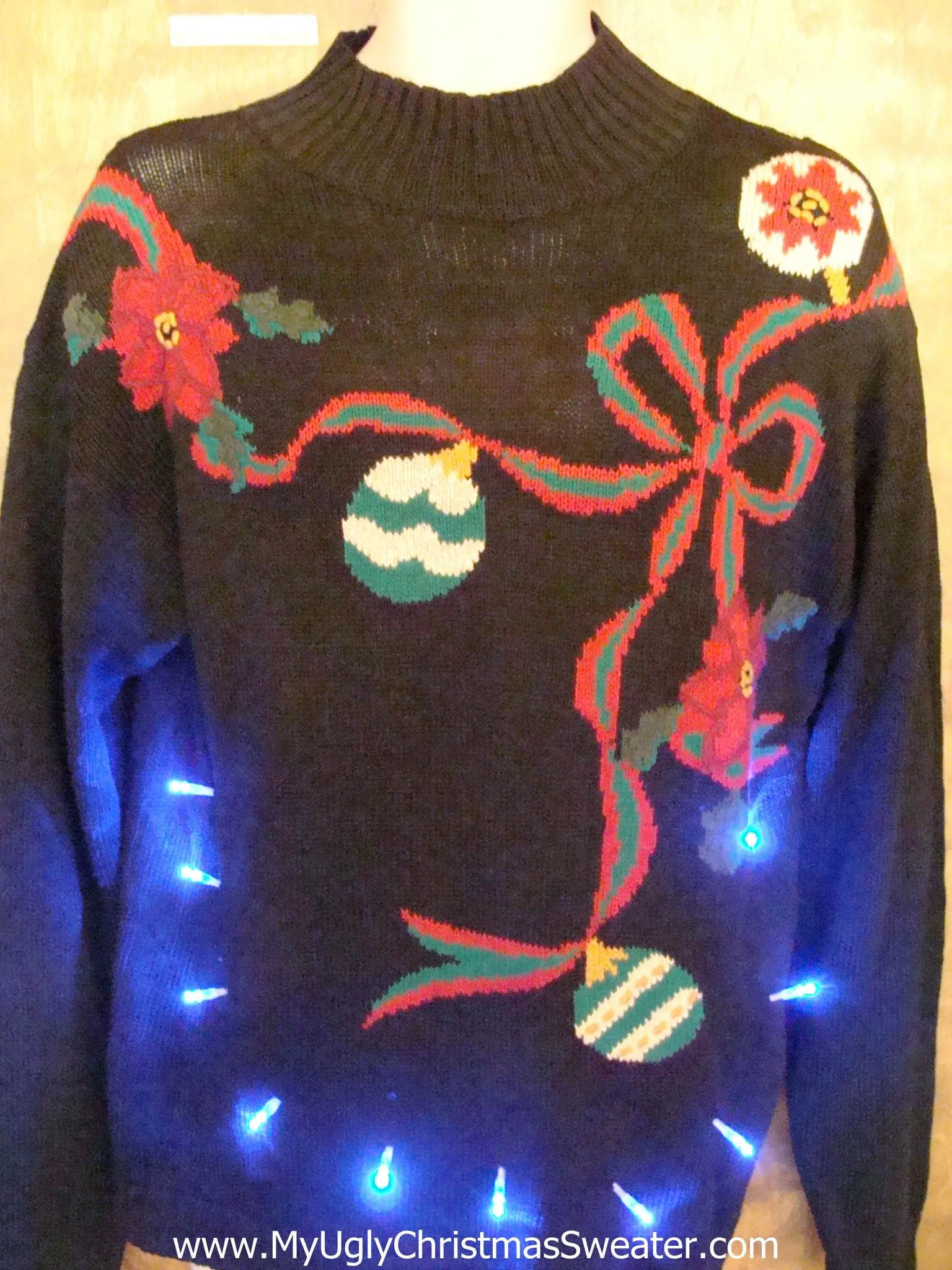 REtro 80s Bows and Ornaments Light Up Ugly Xmas Sweater