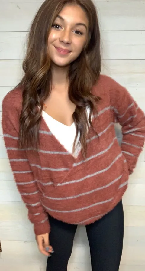 Rust Striped Wrap Sweater