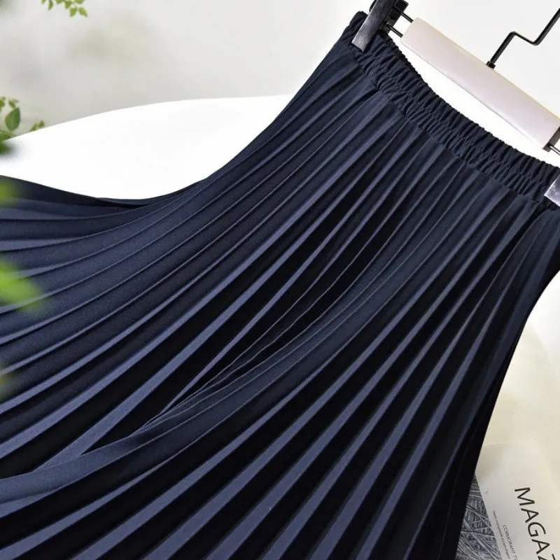 Solid Color Elastic High Waist Pleated A-Line Maxi Skirts