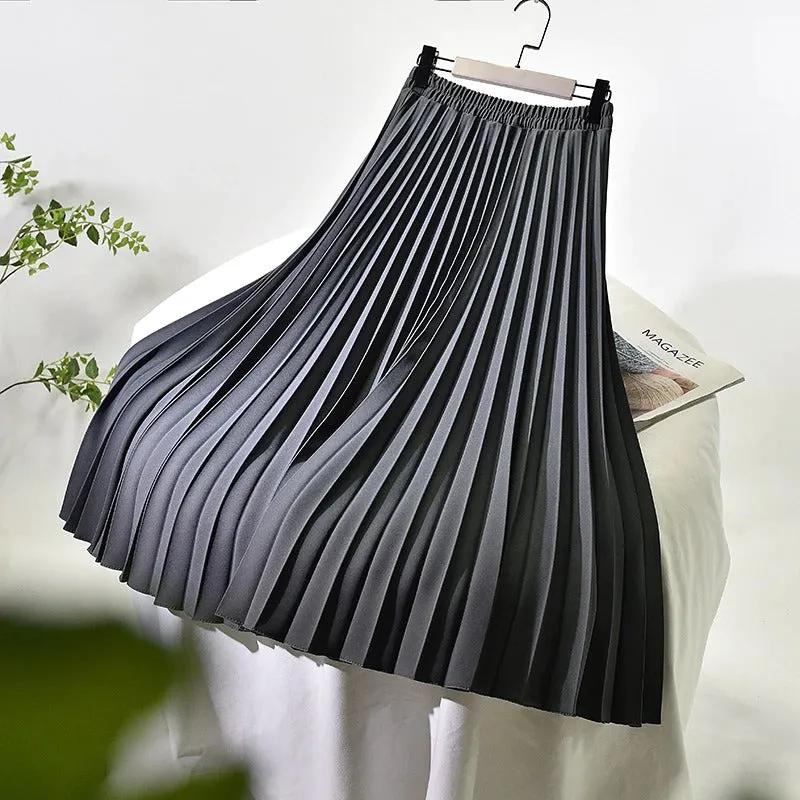 Solid Color Elastic High Waist Pleated A-Line Maxi Skirts