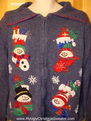 Tacky Ugly Christmas Sweater with Four Happy Carrot Nosed Festive Snowmen (f223)