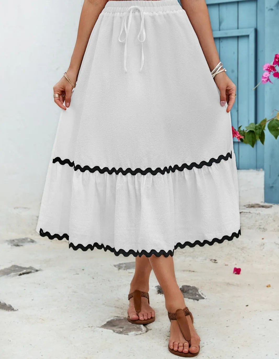 Tied Contrast Trim High Waist Skirt