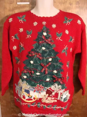 Ugly 80s Red Christmas Sweater Pullover with Tree