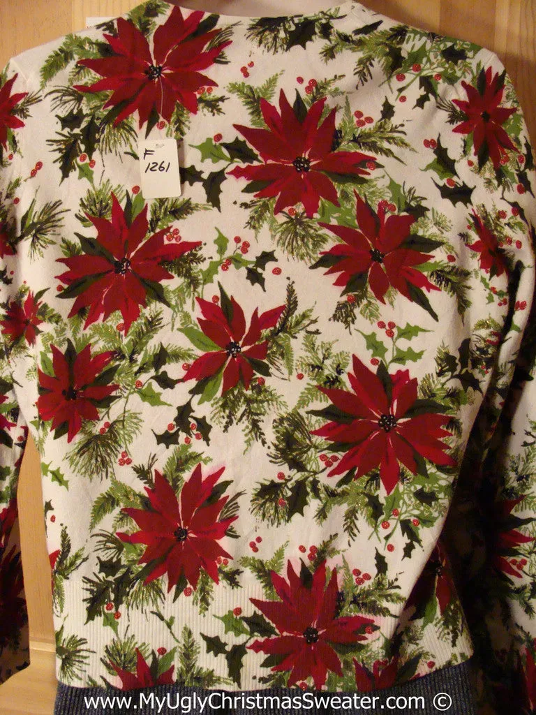 Ugly Christmas Sweater Party Cardigan with Massive Poinsettias All Over (f1261)