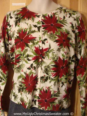 Ugly Christmas Sweater Party Cardigan with Massive Poinsettias All Over (f1261)