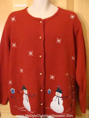 Ugly Red Christmas Sweater Cardigan with Snowmen