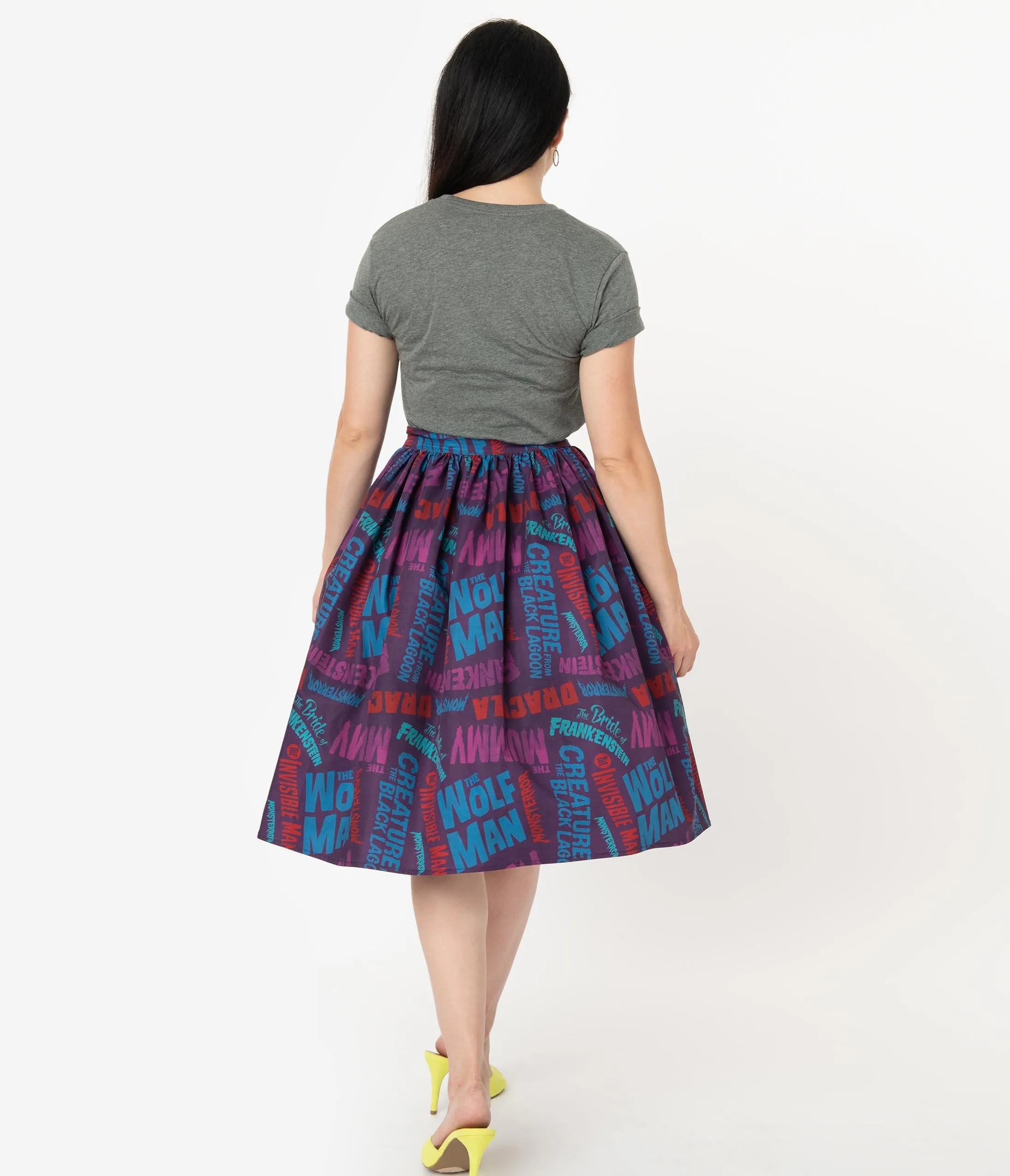 Universal Monsters x Unique Vintage Monster Movie Title Print Swing Skirt