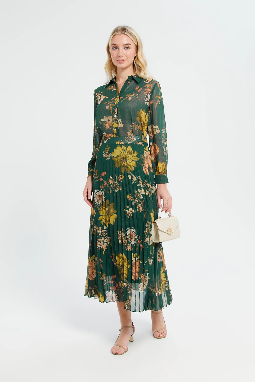 Women Green Floral Print Pleated Skirt